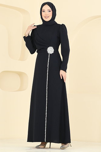 moda selvim Taş Detaylı Krep Elbise 5812EDFK1198 Koyu Laci - Thumbnail