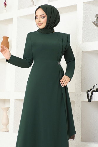 moda selvim Taş Detaylı Krep Elbise ASM2693-M Zümrüt - Thumbnail