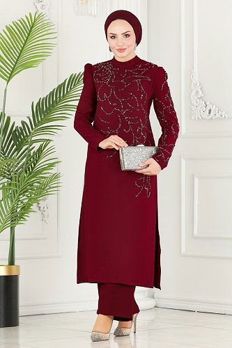 moda selvim Taş Detaylı Krep Takım 5771AB368 Bordo - Thumbnail