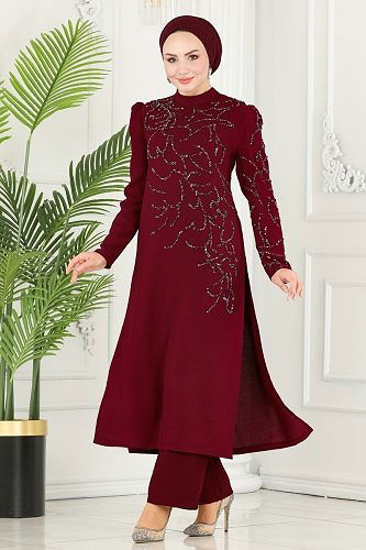 moda selvim Taş Detaylı Krep Takım 5771AB368 Bordo - Thumbnail