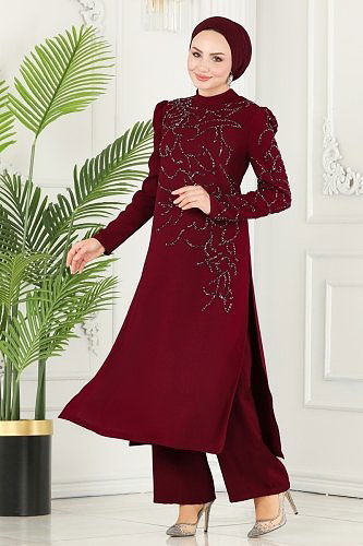 moda selvim Taş Detaylı Krep Takım 5771AB368 Bordo - Thumbnail