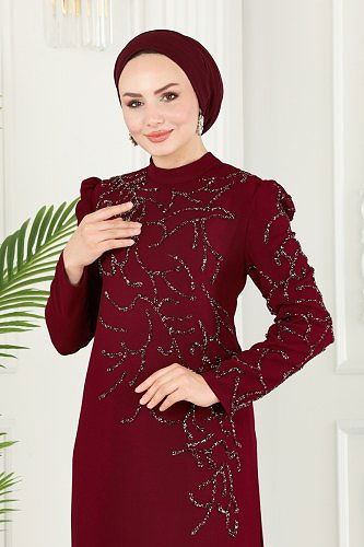 moda selvim Taş Detaylı Krep Takım 5771AB368 Bordo - Thumbnail