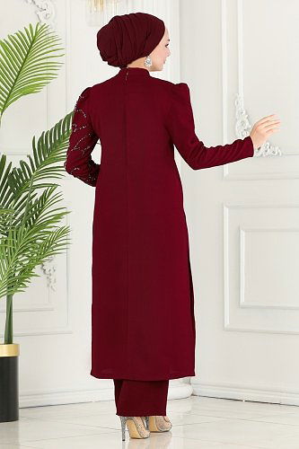 moda selvim Taş Detaylı Krep Takım 5771AB368 Bordo - Thumbnail