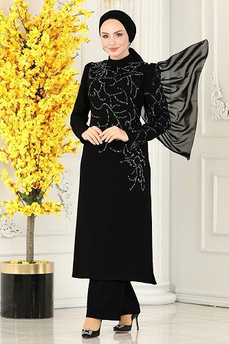 moda selvim Taş Detaylı Krep Takım 5771AB368 Siyah - Thumbnail