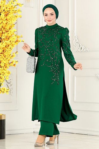 moda selvim Taş Detaylı Krep Takım 5771AB368 Zümrüt - Thumbnail