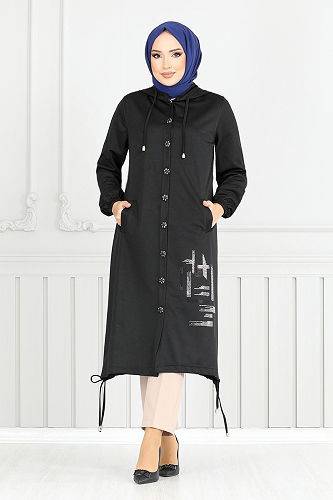 moda selvim Taş Detaylı Mevsimlik Kap 324DVL897-M Siyah - Thumbnail