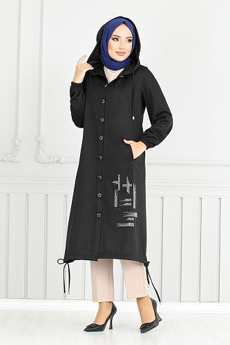 moda selvim Taş Detaylı Mevsimlik Kap 324DVL897-M Siyah - Thumbnail