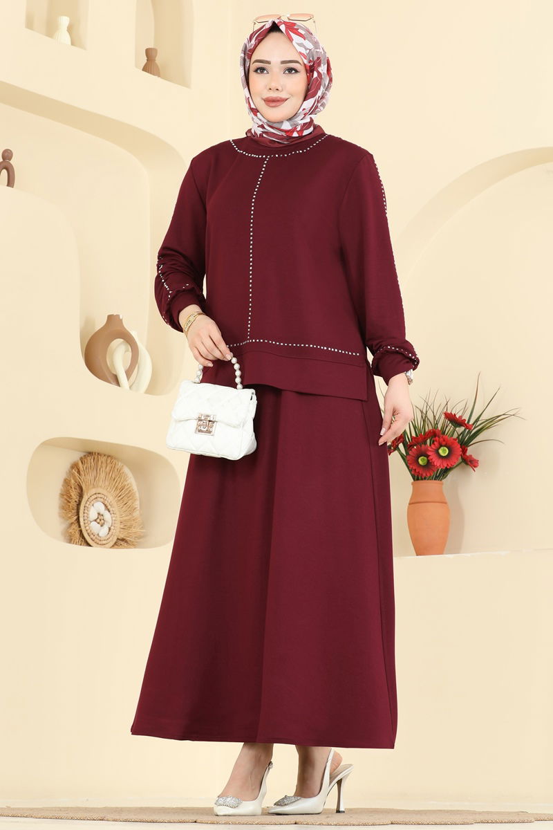 Taş Detaylı Modal 2 li Takım 2608TPK1167 Açık Bordo