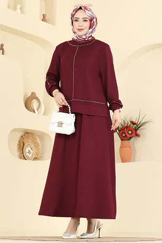 moda selvim Taş Detaylı Modal 2 li Takım 2608TPK1167 Açık Bordo - Thumbnail