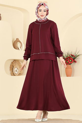 moda selvim Taş Detaylı Modal 2 li Takım 2608TPK1167 Açık Bordo - Thumbnail