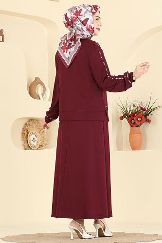 moda selvim Taş Detaylı Modal 2 li Takım 2608TPK1167 Açık Bordo - Thumbnail