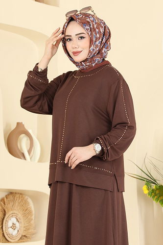 moda selvim Taş Detaylı Modal 2 li Takım 2608TPK1167 Kahve - Thumbnail