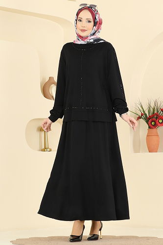 moda selvim Taş Detaylı Modal 2 li Takım 2608TPK1167 Siyah - Thumbnail