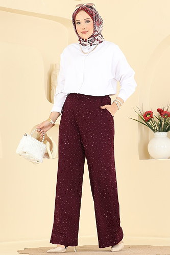 moda selvim Taş Detaylı Modal Pantolon 5674ZNNK1102 Bordo - Thumbnail