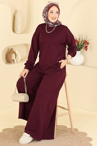 moda selvim Taş Detaylı Modal Takım 005NZA1199 Bordo - Thumbnail