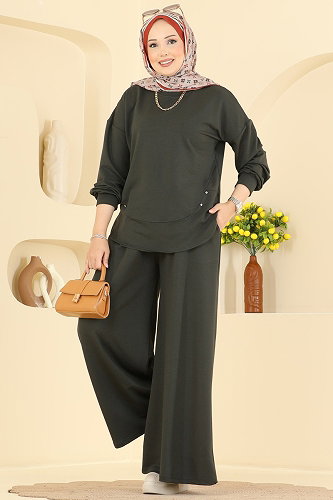 moda selvim Taş Detaylı Modal Takım 005NZA1199 Haki - Thumbnail
