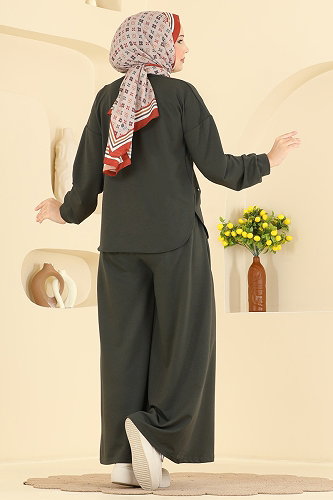moda selvim Taş Detaylı Modal Takım 005NZA1199 Haki - Thumbnail
