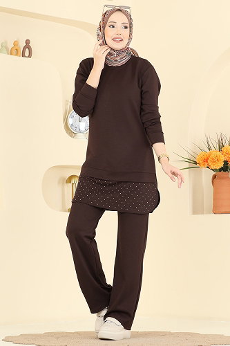 moda selvim Taş Detaylı Modal Takım 2792AYD574 Kahve - Thumbnail