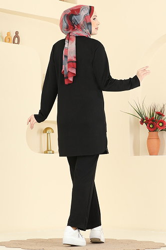 moda selvim Taş Detaylı Modal Takım 2792AYD574 Siyah - Thumbnail