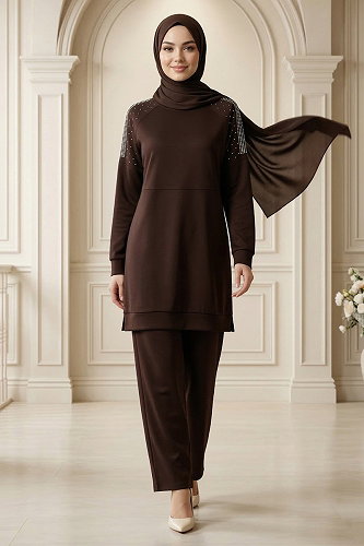 moda selvim Taş Detaylı Modal Takım 2795AYD969-M Kahve - Thumbnail