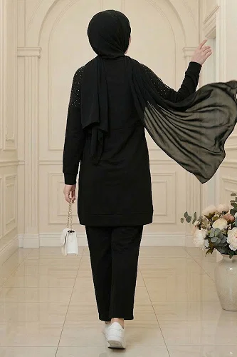 moda selvim Taş Detaylı Modal Takım 2795AYD969-M Siyah - Thumbnail