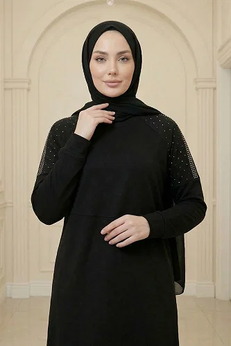 moda selvim Taş Detaylı Modal Takım 2795AYD969-M Siyah - Thumbnail