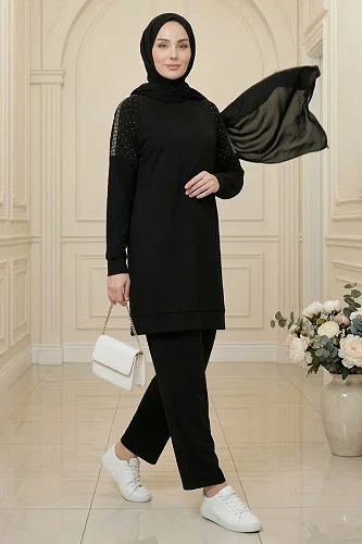 moda selvim Taş Detaylı Modal Takım 2795AYD969-M Siyah - Thumbnail