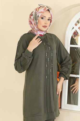 moda selvim Taş Detaylı Modal Takım 3192HBS856 Haki - Thumbnail