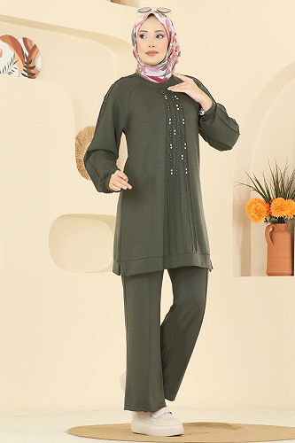 moda selvim Taş Detaylı Modal Takım 3192HBS856 Haki - Thumbnail