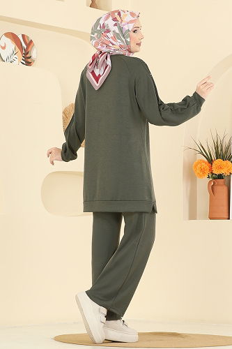 moda selvim Taş Detaylı Modal Takım 3192HBS856 Haki - Thumbnail