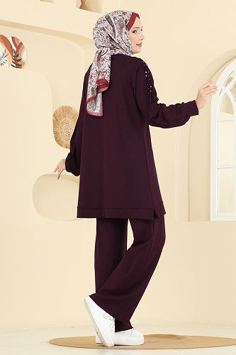 moda selvim Taş Detaylı Modal Takım 3192HBS856 Mürdüm - Thumbnail