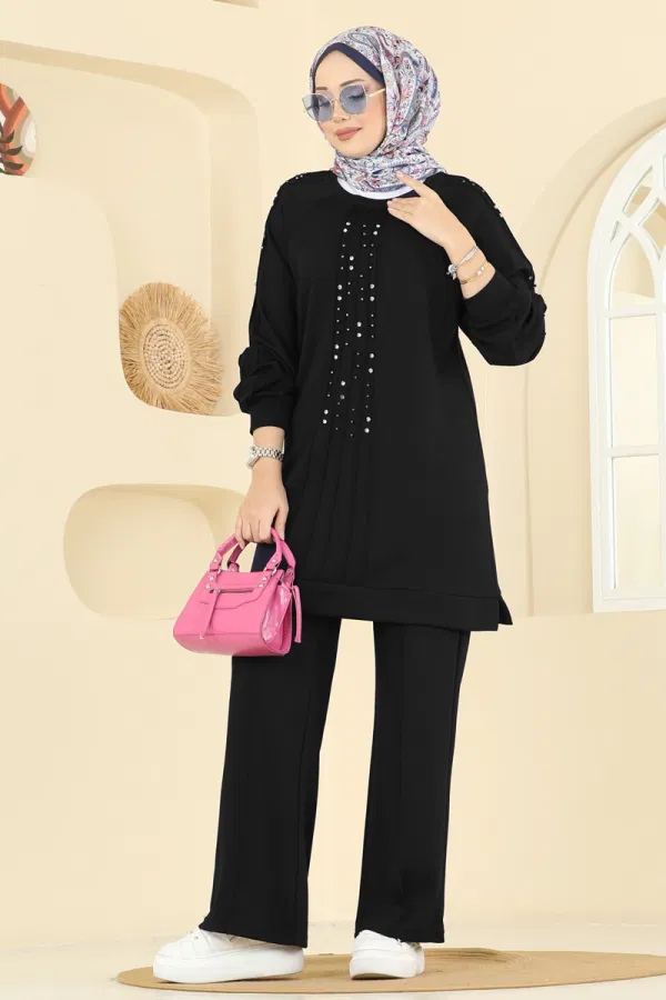 Modaselvim Kombin Taş Detaylı Modal Takım 3192HBS856 Siyah