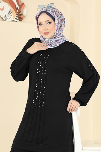 moda selvim Taş Detaylı Modal Takım 3192HBS856 Siyah - Thumbnail