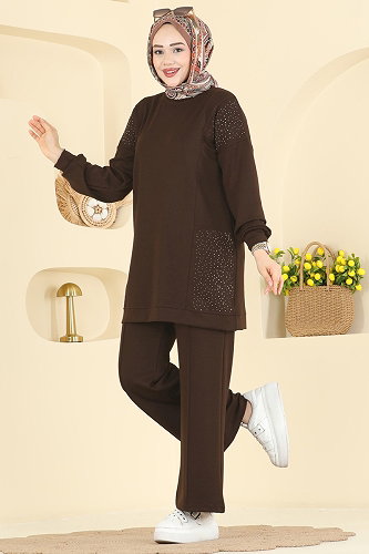 moda selvim Taş Detaylı Modal Takım 3265HBS856 Acı Kahve - Thumbnail