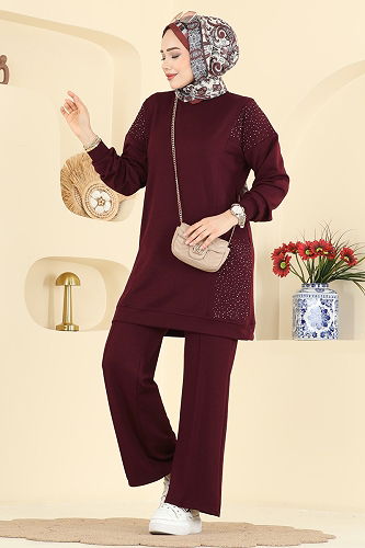 moda selvim Taş Detaylı Modal Takım 3265HBS856 Bordo - Thumbnail