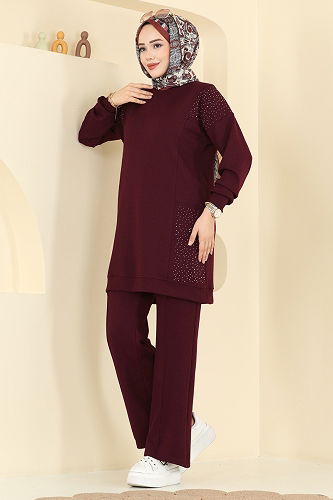 moda selvim Taş Detaylı Modal Takım 3265HBS856 Bordo - Thumbnail