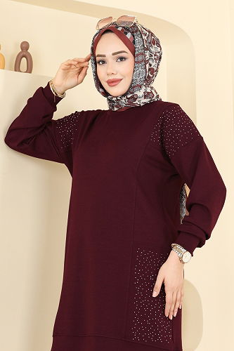 moda selvim Taş Detaylı Modal Takım 3265HBS856 Bordo - Thumbnail