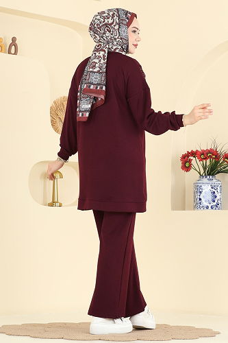 moda selvim Taş Detaylı Modal Takım 3265HBS856 Bordo - Thumbnail