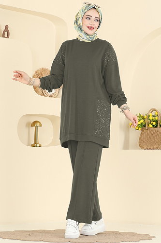 moda selvim Taş Detaylı Modal Takım 3265HBS856 Haki - Thumbnail