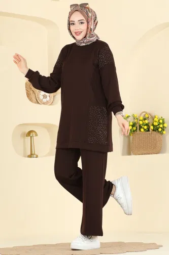 H.B.S. - Taş Detaylı Modal Takım 3265HBS856 Kahve