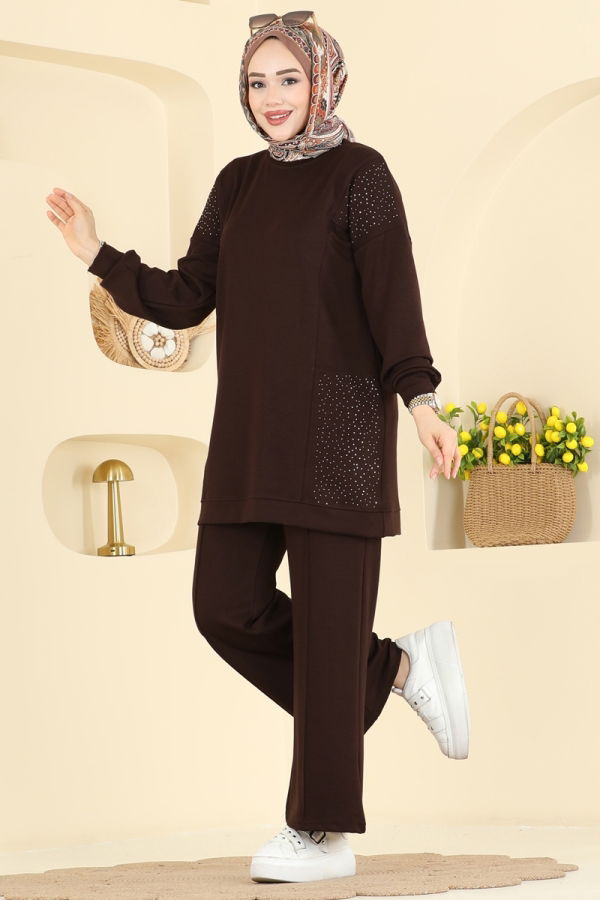 Modaselvim Kombin Taş Detaylı Modal Takım 3265HBS856 Kahve