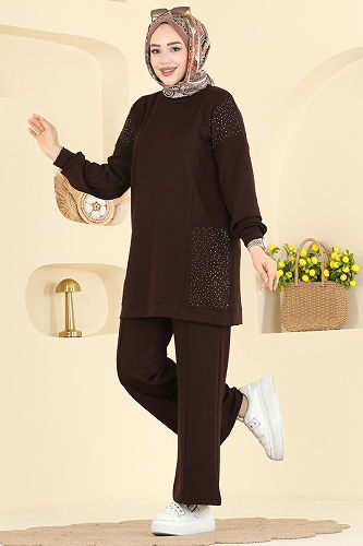 moda selvim Taş Detaylı Modal Takım 3265HBS856 Kahve - Thumbnail
