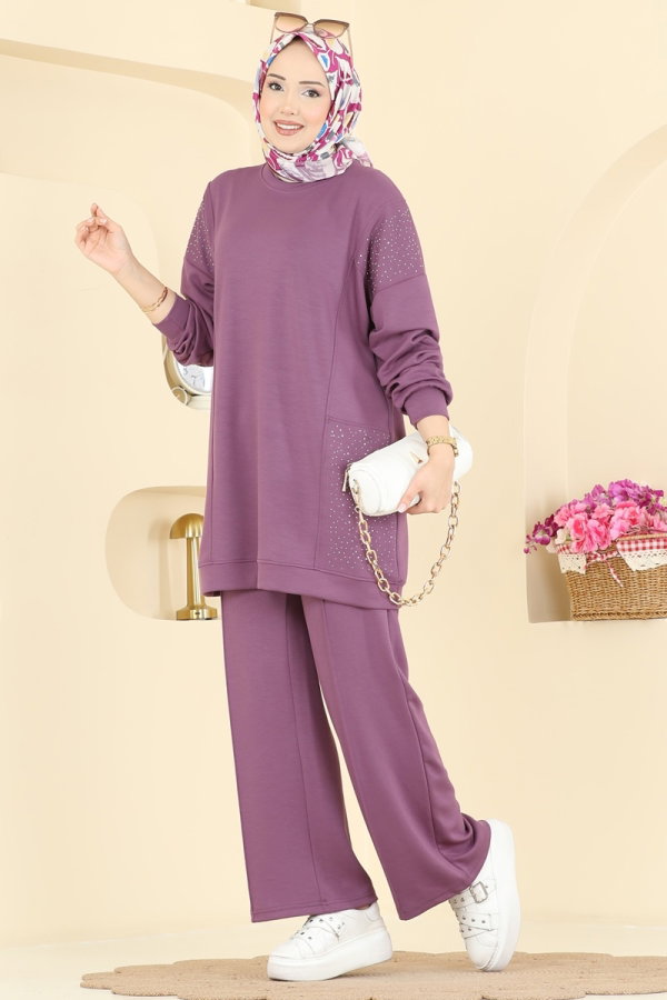 Modaselvim Kombin Taş Detaylı Modal Takım 3265HBS856 Koyu Lila