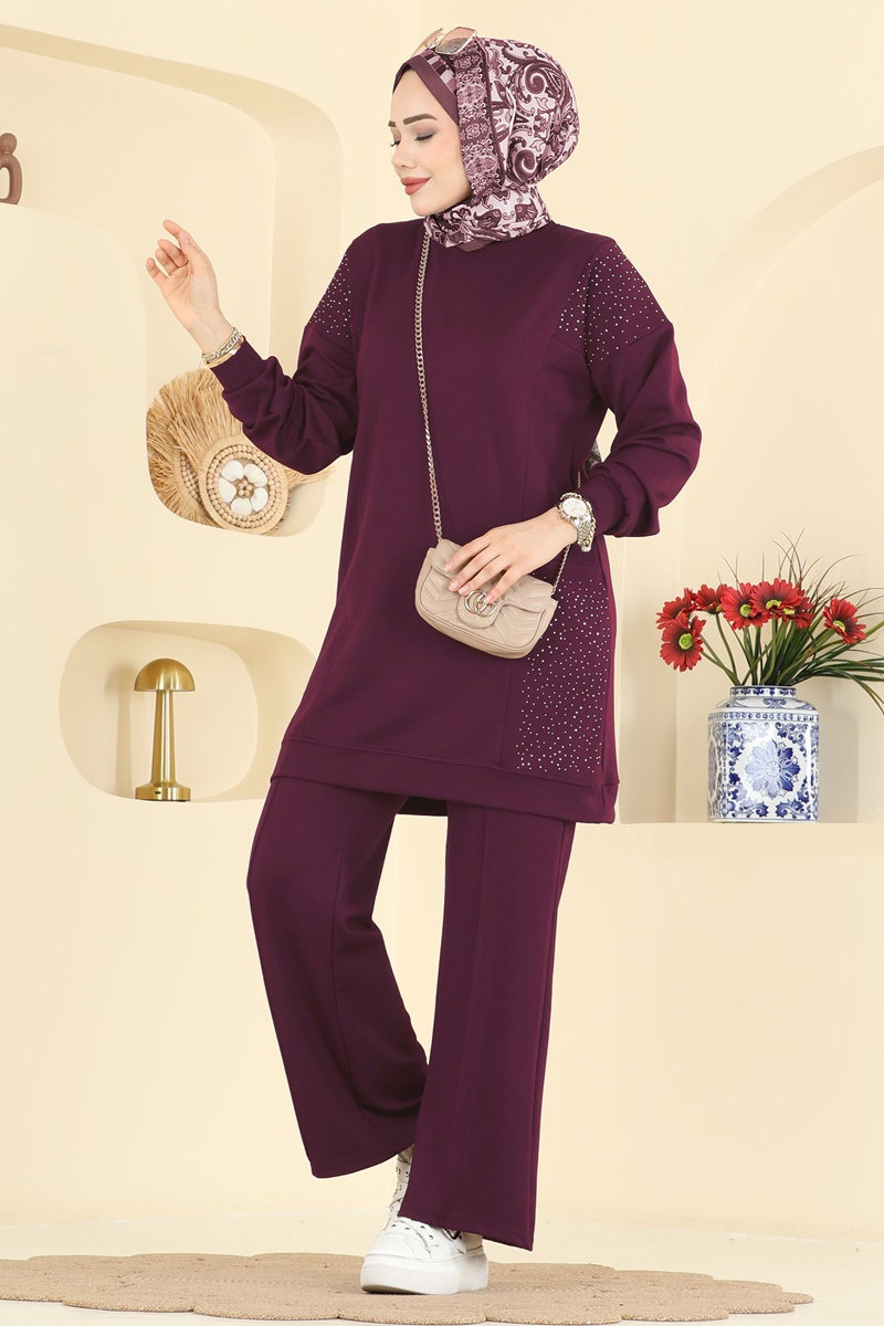 Taş Detaylı Modal Takım 3265HBS856 Mürdüm
