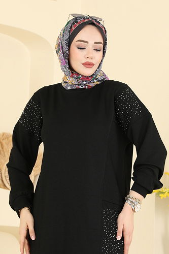 moda selvim Taş Detaylı Modal Takım 3265HBS856 Siyah - Thumbnail