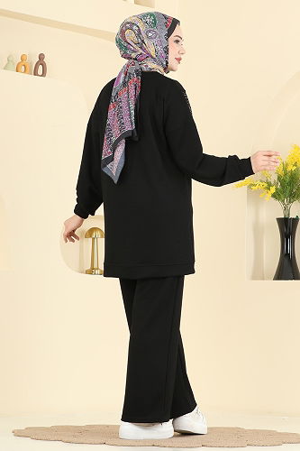 moda selvim Taş Detaylı Modal Takım 3265HBS856 Siyah - Thumbnail