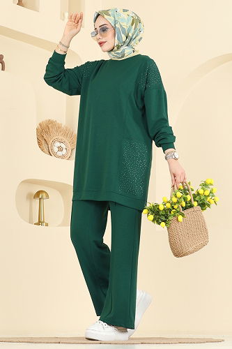 moda selvim Taş Detaylı Modal Takım 3265HBS856 Zümrüt - Thumbnail
