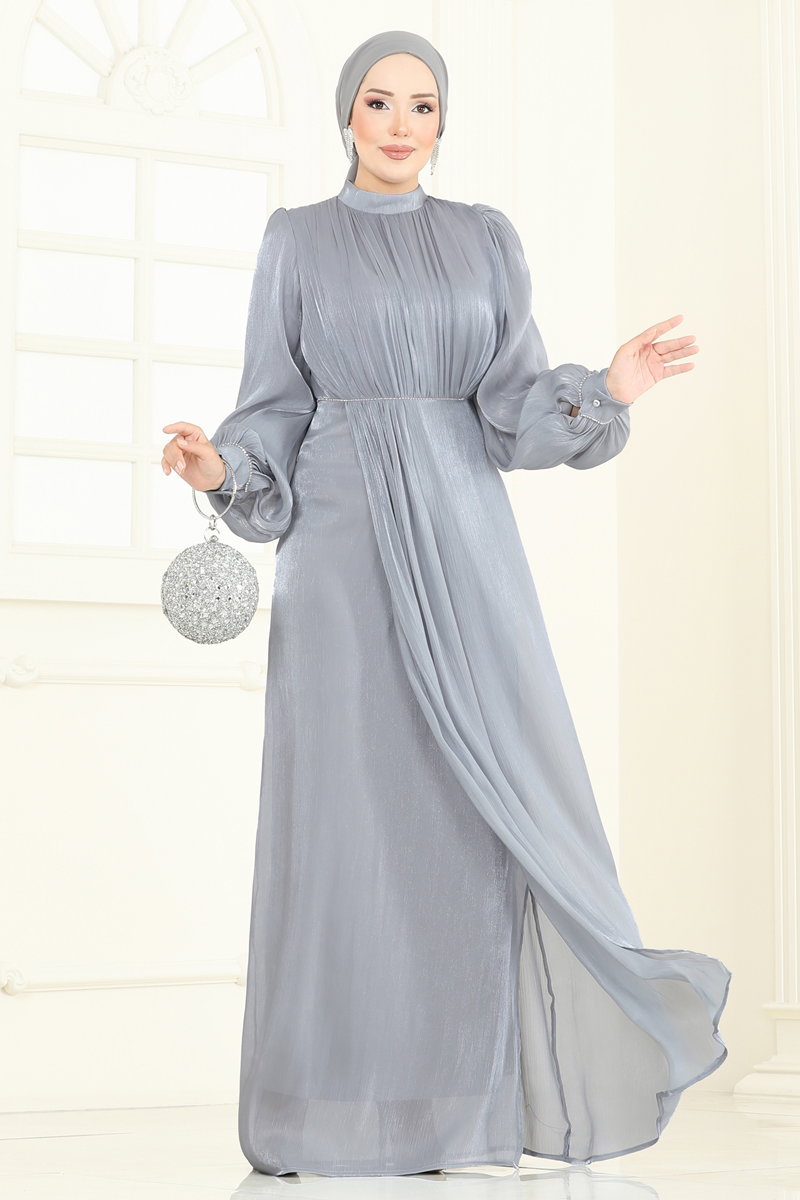 Taş Detaylı Organze Abiye 6231BSK463 Gri - Moda Selvim