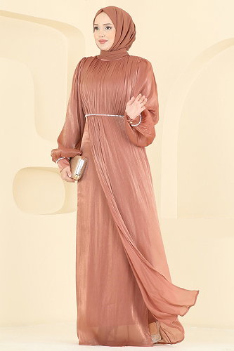 moda selvim Taş Detaylı Organze Abiye 6231BSK463 Gül Kurusu - Thumbnail