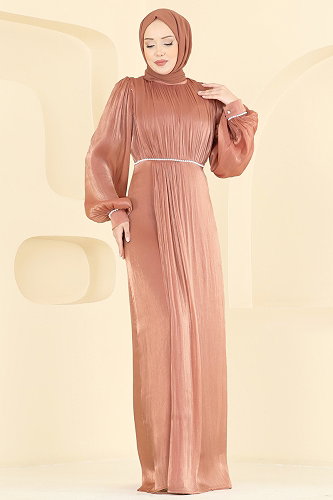 moda selvim Taş Detaylı Organze Abiye 6231BSK463 Gül Kurusu - Thumbnail